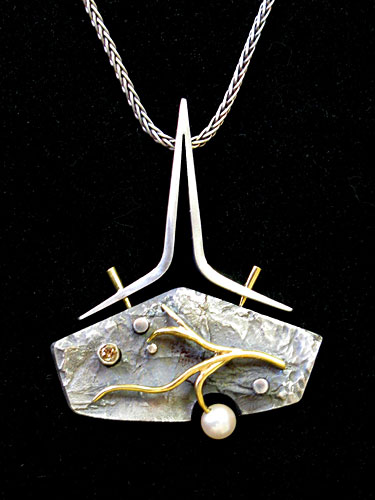 Pendant, silver and gold with pearl and diamond